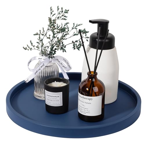 Silicone Bathroom Tray Round Vanity Tray Decorative Soap Holder Kitchen Countertop Organizer Coffee Table Decor for Candle, Perfume, Plant, 11 Inch, Dark Blue - color: Dark Blue, size: 11"