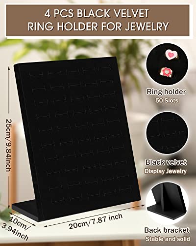 Henoyso 4 Pcs Velvet Ring Display 50 Slots L-Shaped Ring Display Stand Tray Holder for Selling Earring Jewelry - color: Black