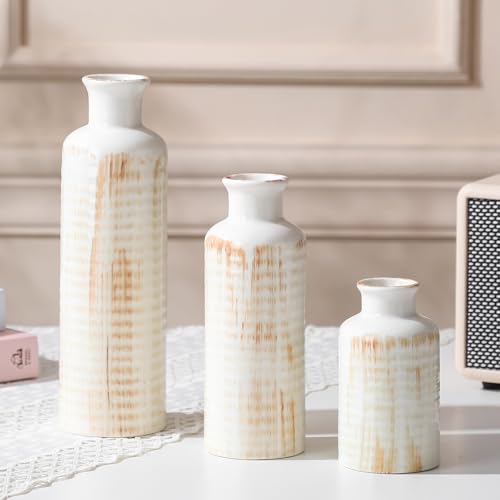 White Ceramic Vase Set of 3, Farmhouse Decor, Home Decorative Vase, Vases for Your Kitchen, Bedroom, Office, Living Room, Bathroom, & Shelf Centerpiece Table Decorations