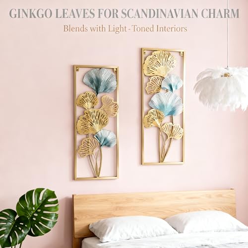 Set of 2 Gold & Blue Ginkgo Leaf Metal Wall Art, 33.5"x12.2" Modern Framed Wall Sculpture, Luxury Spring Home Decor for Living Room Bedroom Bathroom, Elegant Gift for Wedding Housewarming Mother's Day for Homeowners