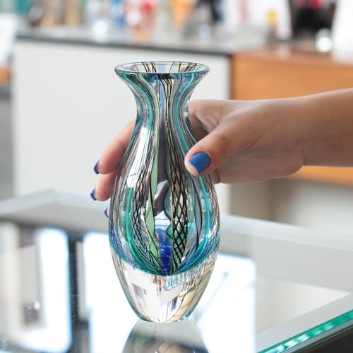 Ca D Oro Small Glass Vase Boho with Blue/Green Canes Hand Blown Murano-Style Art Glass - Model Nº 2 - color: Small Blue Model 2