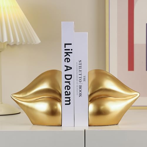 Gold Lips Decorated Bookends，Set of 2 Heavy Decorative Book Stoppers，Unique Resin Decoration，Creative Desktop Gold Decor for Study Room Hotel Office Shelves - color: Gold Lips