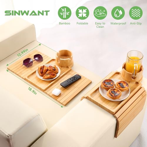 SINWANT Couch Cup Holder Tray,Large Bamboo Couch Armrest Table with Cup Holder,Foldable Anti-Slip Sofa Arm Tray for Coffee Cup,Water Bottles,Mug,Snacks,Remote - color: Bamboo