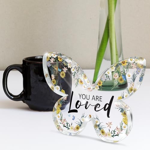 Inspirational Gifts for Women - "You Are Loved" Butterfly Acrylic Desk Plaque - Appreciation Gifts for Teacher, Boss, Coworker, Manager - Positive Office Desk Decoration - color: Loved