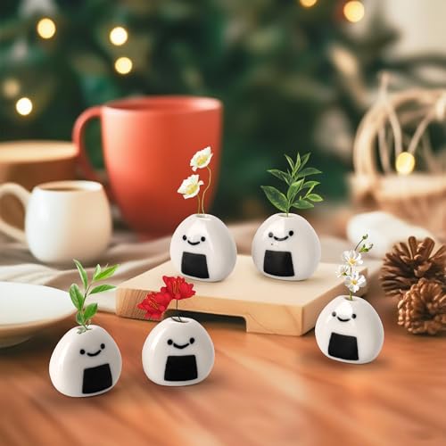 Mini Ceramic Bud Vases, Cute Small Tiny Flower Vases for Home Decor, Wedding Party, Birthday Gift (Ceramic Japanese Rice Ball-5 Pack)