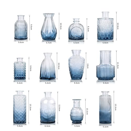 Bud Vases Set of 12, Small Mini Glass Vases for Centerpieces - Elegant Vintage Style - Perfect for Table Decor, Wedding, Party Centerpieces - Great Gift for Home Decor Lovers (Ombre Blue) - color: Ombre Blue-12pcs