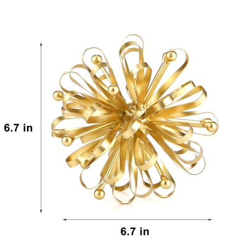 6.7" Decorative Metal Starburst Tabletop Shelf Sculpture Accent, Gold Modern Table Decor, Looped Ribbon & Beads Edges Detailed