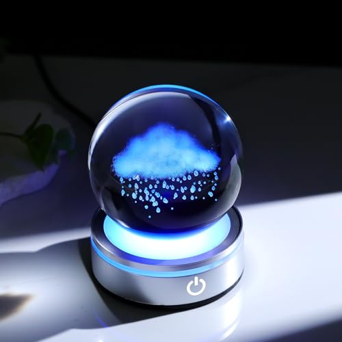 Arikyrist 3.15in. 3D Cloud and Rains Crystal Ball Gifts for Women Men, K9 Crystal Decorative Ball Engraved Cloud and Rains Figurine Paperweight with LED Light Base for Home Office Decoration - color: Cloud and Rains
