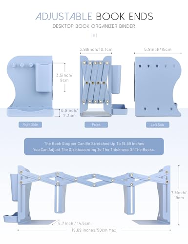 Heavy Duty Bookends Adjustable Book End, Desk Book Holder for Shelves, Book Organizer for Desk, Suitable for Office Home School (19.69 inches Max) (Blue) - color: Blue