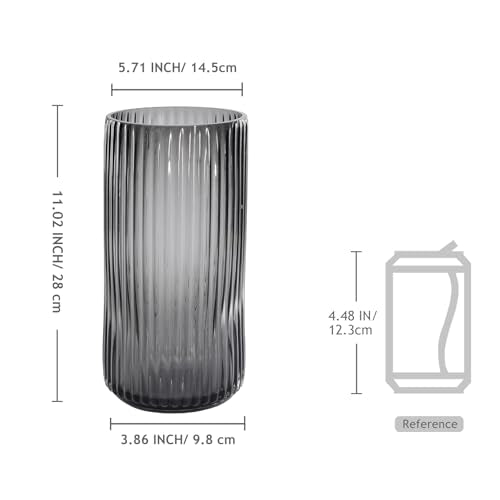 Modern Grey Glass Vase-11 Inch Tall Ribbed Glass Cylinder Vases for Flowers, Bouquet, Desk, Dining Table, Shelf, Decorative Flower Vase for Centerpieces, Home Decor, Living Room, Wedding - color: Gray, size: Large - 11''H