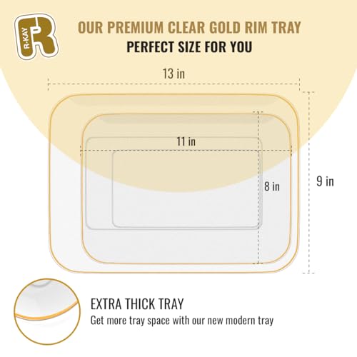 3 Pack Plastic Serving Trays for Party - Gold Serving Tray 8 x 11 Inch - Heavy Duty Dessert Trays for Food - Rectangular Party Serving Trays for Entertaining - Clear Cookie Platters - color: Clear and Gold Rim
