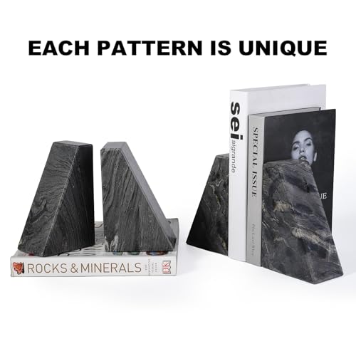 Karibiber Marble Bookends for Heavy Books, Decorative Book Ends for Shelves, Titanium Black Stone Durable and Heavy-Duty Book Ends for Hardback Books & CDS, Unique Book Stopper & Holder, Set of 2 - color: Black