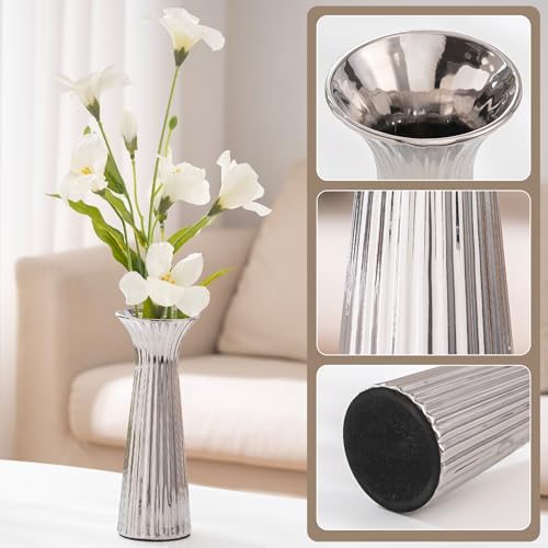 SURE YUESI 7.68” Silver Ribbed Ceramic Vase, Minimalist Farmhouse Vase for Pampas Grass, Centerpiece, Coffee Table, Kitchen, Office & Home Decor - color: Silver