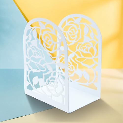 Elegant Rose Bookends Hollow-Out Rose Flower Book Ends Shelves Organizer Metal Book Stands Journal Book Holder Reading Room Decorative Bookends Library Book Stoppers for Office Home School (White) - color: White