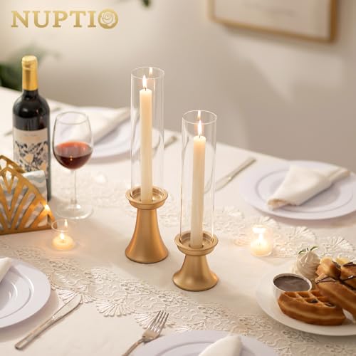 NUPTIO Gold Candlestick Holder for Centerpiece: Set of 6 Hurricane Taper Candle Holders with Glass Cylinder Sleeve - Bulk Brass Candles Stand for Thanksgiving Christmas Holiday Party Decor