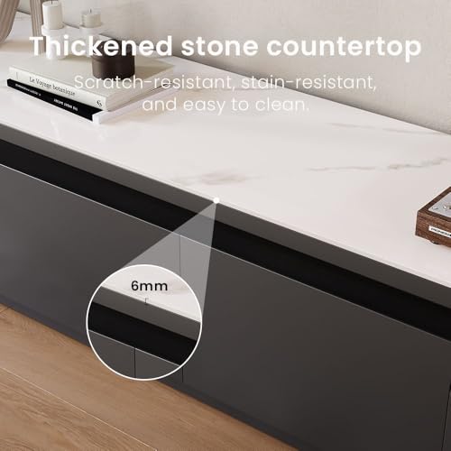 POVISON Fully Assembled 71" Mid-Century Modern TV Stand with LED Lights, White Glossy Sintered Stone Top Media Console for 65 Inch TV, Drop-Down Doors & Drawers, Open Storage for Living Room - color: White & Black, size: 71"