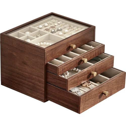 CHOSIN Black Walnut Jewelry Box for Women, 4-Layer Wooden Organizer with Glass Lid, for Watches, Necklaces, Rings & Earrings Storage Christmas Gifts - style: 4 Layer A