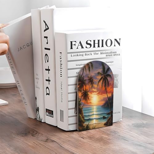 Decorative Bookends 2 Pcs Beach Sunset Tropical Palm Tree Wood Bookends for Shelves Heavy Books Kids Non-Skid Book Ends Stoppers for Office Desk Kitchen School - color: Beach Sunset Tropical Palm Tree