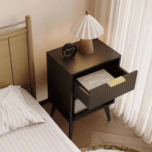 YAUKOMEL Fluted Night Stand with Opening Storage,Mid Century Bedside Table with Drawer,Black Nightstand with Wood Legs,End Table Side Table for Living Room,Bedroom,11.8" Dx15.7 Wx 25.2" H CTG56BK - color: Black