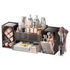 INVSSENE Stackable Makeup Organizer Countertop, Storage Perfume Skincare Cosmetic Lipstick Face Mask Makeup Brush Palettes, Ideal for Vanity Bathroom Counter - color: 3516 Coffee+Clear