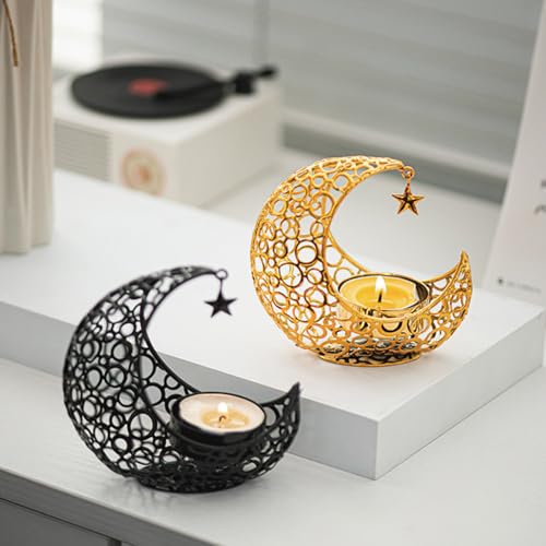 Moon Tea Light Candle Holder, Gold Metal Candle Stand for Home Decor, Dining Table, Living Room, Coffee, Table Centerpiece(2Pcs) - size: 2Pcs Gold