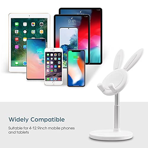 Cell Phone Stand,Angle Height Adjustable Bunny Phone Stand for Desk,Cute Rabbit Phone Holder Stand for Desk, Compatible with All Mobile Phones, Tablets(4-10in) (White) - color: White