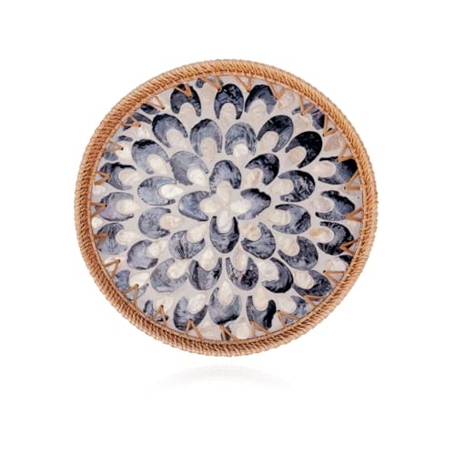 Shellac Rattan Tray with Mother of Pearl Inlay, Round Decorative Serving Tray for Home Décor Coffee Table Storage and Display, 100% Natural Materials - Ottoman Tray Black 12" - color: Black, size: 12"