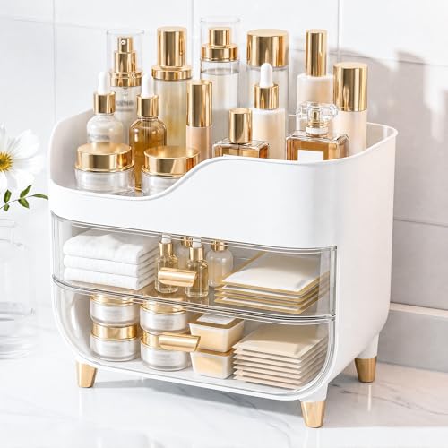 Makeup Organizer for Vanity with Large Smooth Drawers Extra Large Skincare Organizer for Bathroom Countertop and Dresser, Crystal Clear Cosmetic Storage Display Case for Beauty Products - color: White