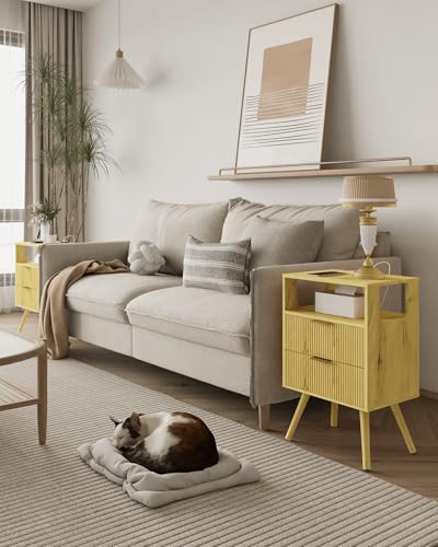 JOONEE Nightstand with Charging Station and LED Lights,Modern Bedside Table with 2 Storage Drawer and Open Wood Shelf, for Bedroom and Small Spaces,Night Stand with Solid Wood Legs (Yellow Oak) - color: Yellow Oak