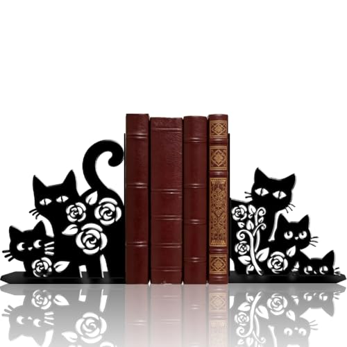 2Pcs 2 Styles Black Metal Cat Bookends Cute Book Stoppers Animal Pattern Black Decorative Heavy Duty Metal Book Ends for Shelves Home Office Desk Organizer Stylish 7.48 x 6.3 x 1.18 Inch - color: Cat