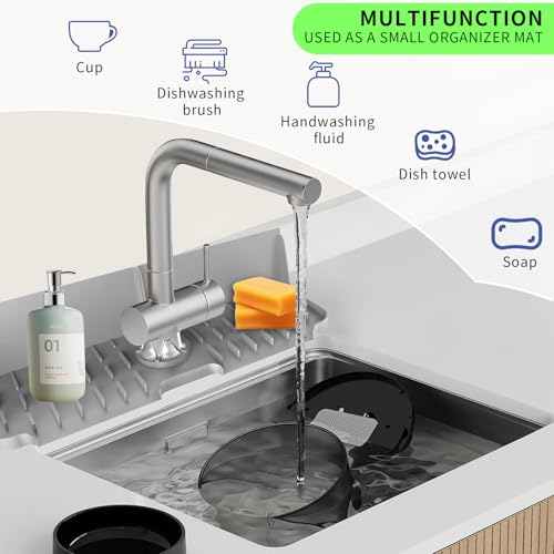 LVJING 17” x 5.5” Silicone Faucet Handle Drip Catcher Tray Mat, Silicone Faucet Mat Dish Soap Sponge Holder for Kitchen Sink, Drying Mat for Kitchen Counter Bathroom Kitchen Sink Splash Guard - Grey - size: 17” Grey
