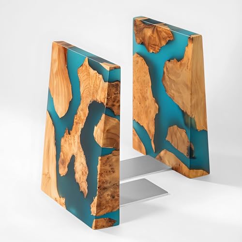 Glow in The Dark Bookends, Wood Bookends for Shelves,Blue Luminous Book Ends with Burl Wood and Resin,Decorative Book Stopper Binder and Dividers, Blue, Large,Unique Desk Decor for Home Office Library - color: Blue