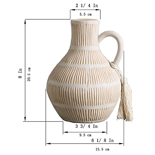 Mowtanco Rustic Ceramic Vase for Home Decor, Farmhouse Decorative Vases for Pampas Grass, Terracotta Vase with Tassel Design, Handle Flower Vase, Clay Vase for Living Room Decoration, 8 inch Tall - color: Gray - Round