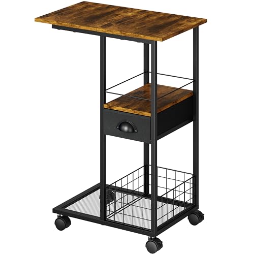C Shaped Sofa Side Table with Wheels, Rolling Small Coffee Table with Drawer, Portable TV Tray Table for Couch, Bedside Table with Storage, Narrow Nightstand for Bedroom, End Tables Living Room - color: Black, size: Large (With Drawer & Wheels)