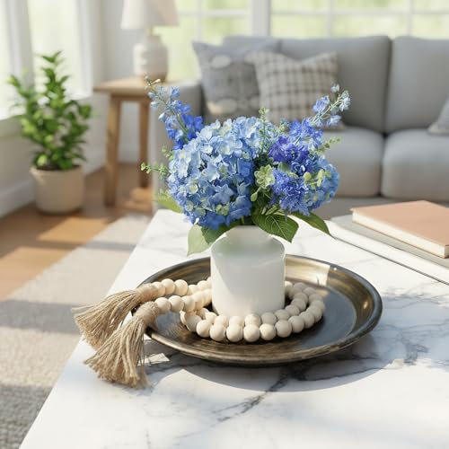 10” Candle Holder Plate Table Décor, Farmhouse Home Decorative Tray for Coffee Table or Dinning Table Centerpieces with 30” Wooden Bead Garland - Black - color: Black
