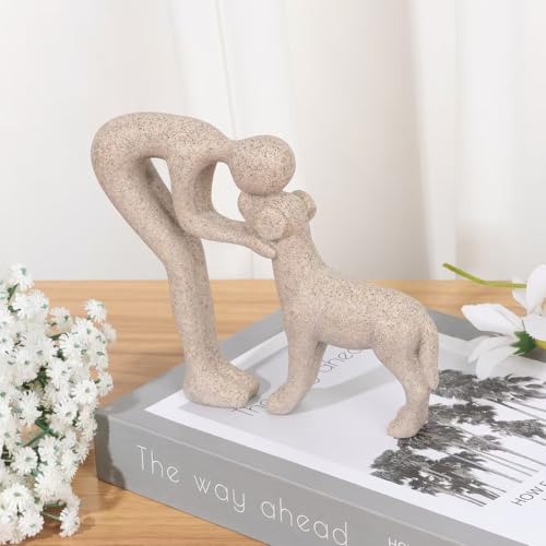 Human and Dog Hugging Sculpture Decor - Forever Loved Pet Memorial Statue Gifts, Decorative Figurine for Home, Shelf, Desk & Office (Sandstone)