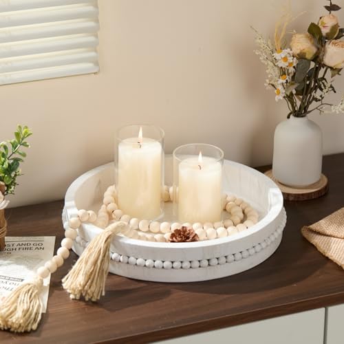 Decorative Wooden Tray: Beaded Round Coffee Table Tray for Centerpiece, Rustic Farmhouse Wood Serving Tray for Entry, Living Room and Kitchen Counter Decor, 11.8 inch - Distressed White