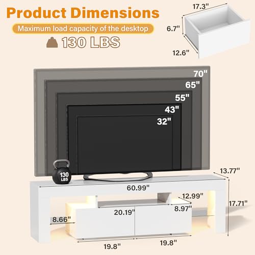 YESHOMY Modern LED TV Stand for Living Room with Glass Shelves and Drawer, Entertainment Center for Bedroom with Multiple Dynamic RGB Modes, for Living Room, Bedroom, 60 Inch, Milk White - color: Milk White