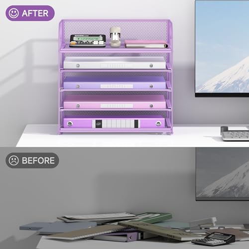 Lavatino Desk Letter Tray Paper Organizer, 5-Tier with Handle Metal Mesh Desktop File Organizer Paper Holder for Classroom Office Desk Accessories- Purple - color: 5 Tier - Purple, size: 12.6" x 9.1" x 11.5"