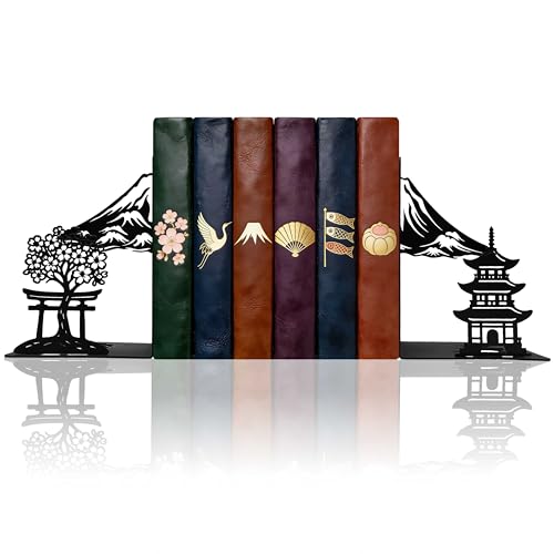 Matte Black Iron Decorative Bookends for Shelves, Fuji Mountain Sakura Design Book Ends Decorative, Book Ends for Heavy Books, Unique Bookends for Home Office Shelves, 7.9 x 1.2 x 5.9 Inches - color: Fuji Bookends