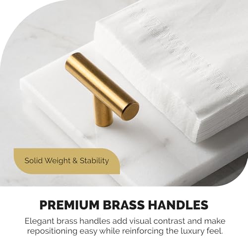 Marble Guest Towel Tray – Luxury Countertop Napkin Holder for Bathroom & Vanity, Real Natural Stone with Brass Handles, Includes Marble Care Cloth