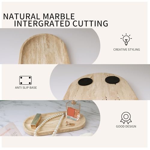 Travertine Vanity Tray for Bathroom Counter, 10"x5" Natural Marble Tray, Hand Polished, Perfume Organizer with Non-Slip Base, Candles, Stone Jewelry Dish (Travertine Beige, 9.8X4.7) - color: Travertine Beige