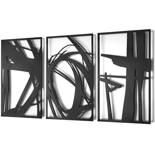 Pinetree Art Black Abstract Metal Wall Art, 3D Textured Metal Wall Sculptures, Hollow Out Design Modern Wall Decor for Living Room Bedroom Home Office (M, 16" x 24" x 3pcs) - size: L(16"x24"x3pcs)