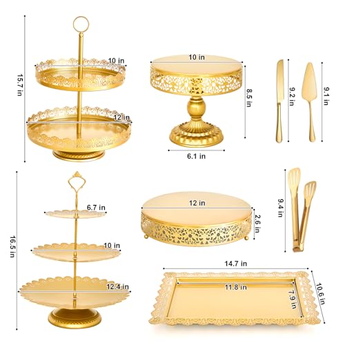 11 Pcs Gold Cake Stand Set for Wedding, Dessert Table Display Set for Birthday, Metal Square Serving Trays for Candy, Cupcake Pop Stand Holder Tower with Round Base for Celebration, The Platters for Party - color: Gold