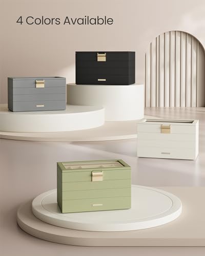 SONGMICS Stackable Jewelry Trays, 4-Tier Jewelry Box, Drawer Jewelry Organizer, with Glass Lid, Removable Dividers, for Vanity Table, 6.7 x 11 x 7.2 Inches, Gift Idea, Cloud White UJBC164W01 - color: Cloud White