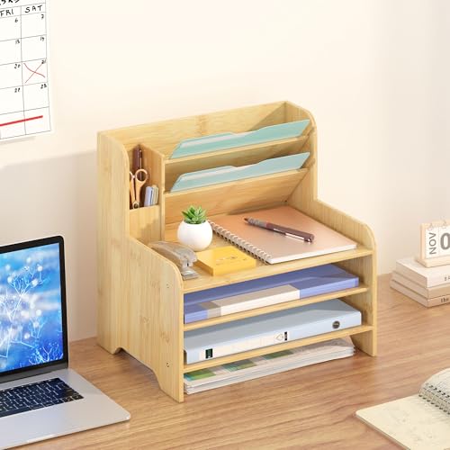 Bamboo Desk Organizer Mail Holder Countertop Letter Tray File Organizer for Desk Letter Sorter Paper File Storage for School Home Office Supplies - color: Nature, size: Large