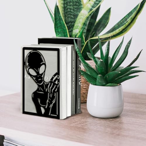 Peacoblue Metal Bookends for Shelves, Modern Decorative Heavy Duty Study Book Ends Stoppers for Office, Desk, Shelf, Room 5.3"x4.3"x7.9" Cast Iron Simple Tall Bookends 1 Pair (Aliens) - style: Alien