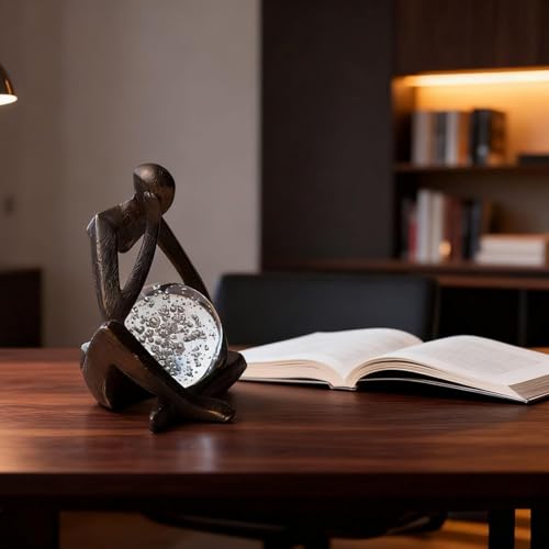 Lucky Crystal Ball Thinker Statue – Abstract Resin Figurine with Bronze Finish, Modern Home & Office Decor Sculpture Symbolizing Luck and Clarity, Artistic Gift for Men & Women