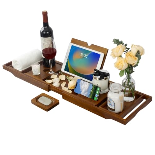 Kiasthome Teak Bathtub Caddy, Expandable Bath Tray, Non‑Slip Luxury Tub Caddy with Wine Phone Tablet Holder, Wooden Bath Accessory for Home Spa and Gift