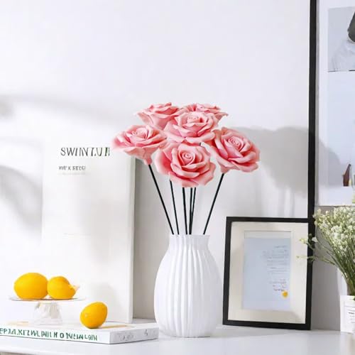 Handmade Porcelain 3D Ceramic Rose Flower, Eternal Flower Decoration for Home Office Decor, Creative Desktop vases, Porcelain Decorations, Exquisite, Set of 6 (Pink) - color: Pink